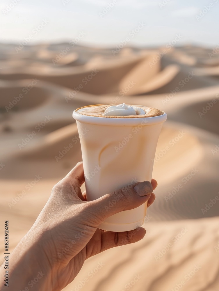 desert with a wide-open sky, an iced coffee with white cream is held in a plastic cup, glowing in the natural light of summer. desert with a wide-open sky, an iced coffee with white cream is held in a plastic cup, glowing in the natural light of summer.