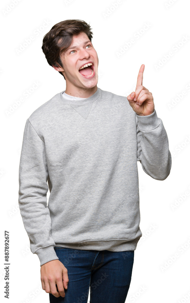 Young handsome sporty man wearing sweatshirt over isolated background pointing finger up with successful idea. Exited and happy. Number one. Young handsome sporty man wearing sweatshirt over isolated background pointing finger up with successful idea. Exited and happy. Number one.