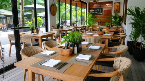 A warm setting with tables and chairs in a som tum restaurant, featuring grilled chicken and the art of grilling