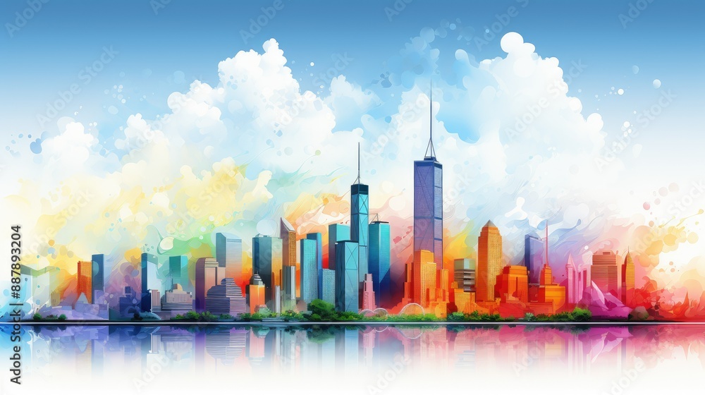 Sunny day illuminating colorful city skyline Sunny day illuminating colorful city skyline