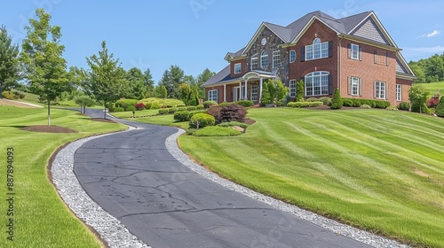 large suburban house with a manicured lawn and long driveway