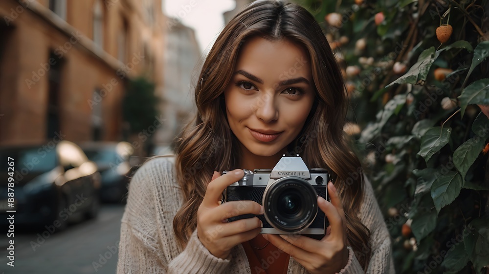 Woman photographer with an analog camera in a street Woman photographer with an analog camera in a street