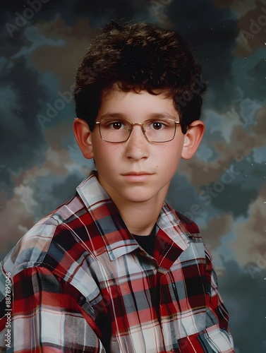 Portrait picture of a young american school boy in a style of a yearbook from 80s or 90s