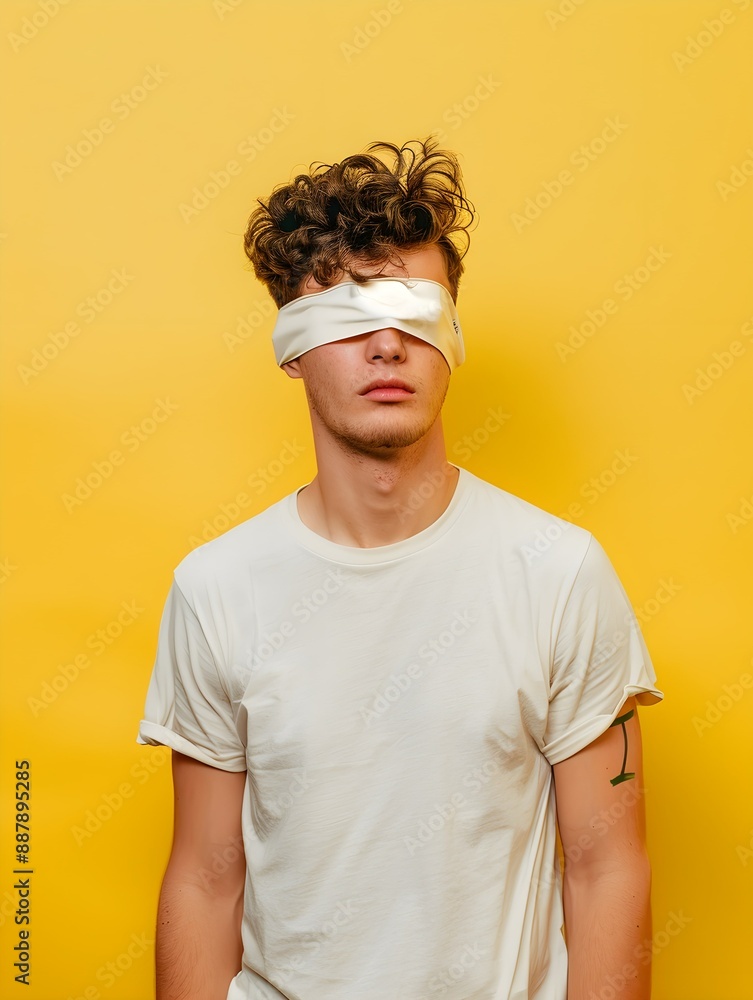 Portrait of a young man with a blindfold on yellow background with copy space