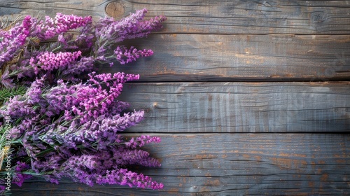 Fototapeta Naklejka Na Ścianę i Meble -  Purple or pink Calluna vulgaris flowers blooming in autumn or winter on old rustic wood background Background for gardening with seasonal plants