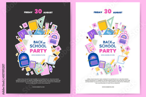 Back to School party invitation flyer, poster or banner template with title and colorful elements school supplies. Vector illustration in a flat style.
