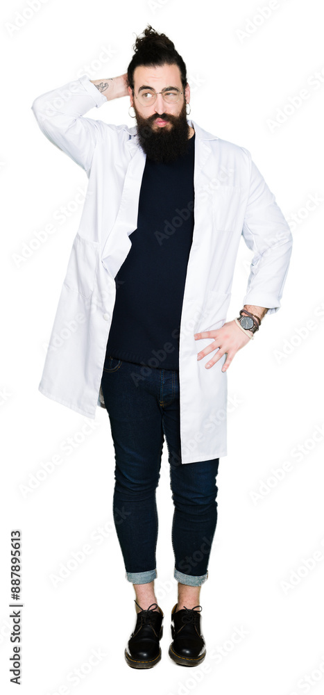 Doctor therapist man with long hair and bear wearing white coat confuse and wonder about question. Uncertain with doubt, thinking with hand on head. Pensive concept. Doctor therapist man with long hair and bear wearing white coat confuse and wonder about question. Uncertain with doubt, thinking with hand on head. Pensive concept.