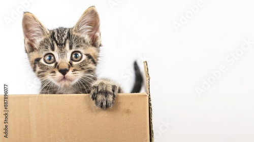 Curious feline sitting inside a cardboard box, peeking out with its playful eyes. Capturing the essence of feline curiosity and playfulness.