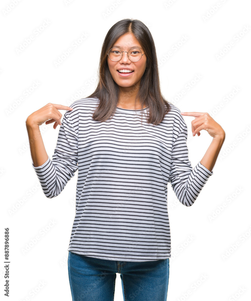 Young asian woman wearing glasses over isolated background looking confident with smile on face, pointing oneself with fingers proud and happy. Young asian woman wearing glasses over isolated background looking confident with smile on face, pointing oneself with fingers proud and happy.