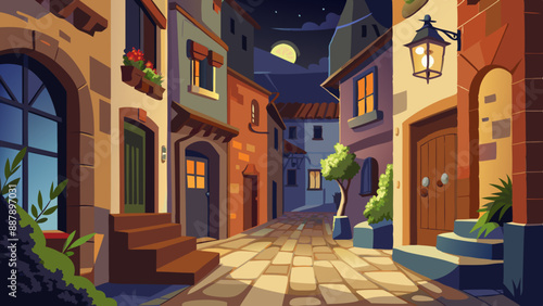 Illustration of a quiet, narrow old street at night, the path is paved with cobblestones, and along it there are cozy houses with closed windows and flower boxes