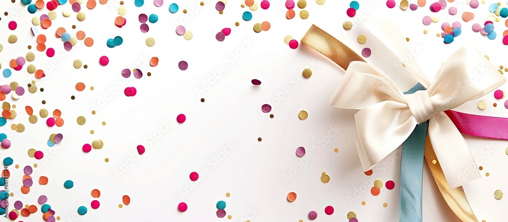 A white card with a bow confetti and room for a photo. with copy space image. Place for adding text or design A white card with a bow confetti and room for a photo. with copy space image. Place for adding text or design