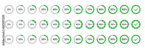 Circle percentage diagrams for infographics, 0, 10, 20, 30, 40, 50, 60, 70, 80, 90, 100 percent. Circle loading and circle progress collection.