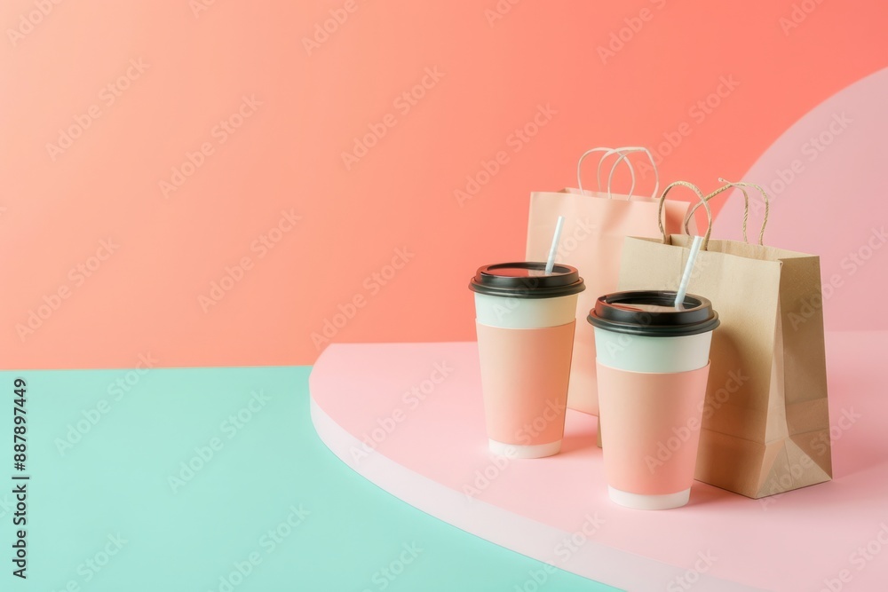 Minimalistic coffee cups and paper bags setup Minimalistic coffee cups and paper bags setup