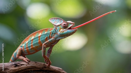 Vibrant Chameleon Catching an Insect with Tongue