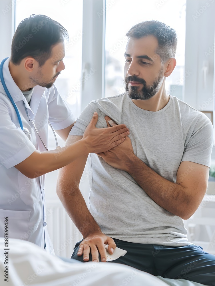 Obraz premium Physiotherapist examining shoulder joint of male patient and checks mobility of movements inside a clinic