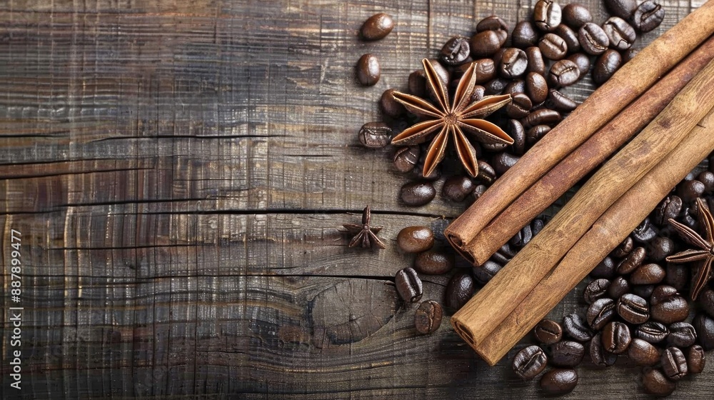 Cinnamon sticks coffee beans and star anise arranged on a wooden table Cinnamon sticks coffee beans and star anise arranged on a wooden table