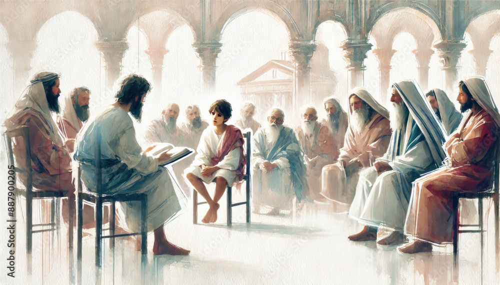Twelve-Year-Old Jesus amazes teachers in Jerusalem: Luke 2:40-52. Digital painting.
Twelve-Year-Old Jesus amazes teachers in Jerusalem: Luke 2:40-52. Digital painting.