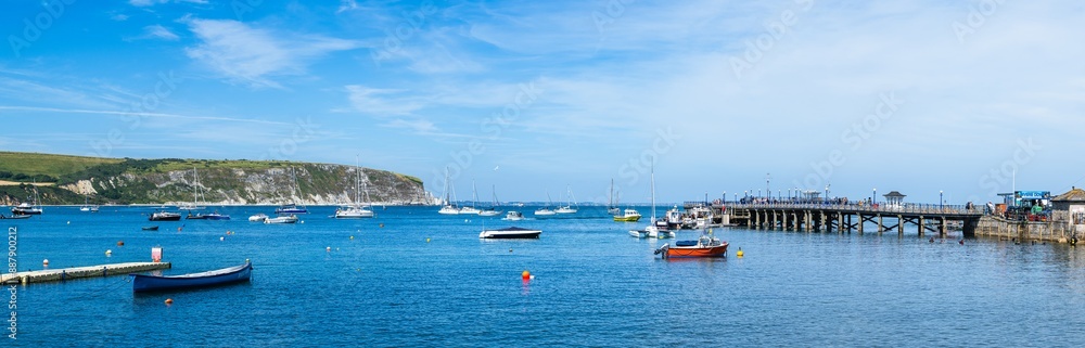 Panorama of Swanage Pier and yachts and boats on Swanage Bay, Swanage, Dorset, England Panorama of Swanage Pier and yachts and boats on Swanage Bay, Swanage, Dorset, England