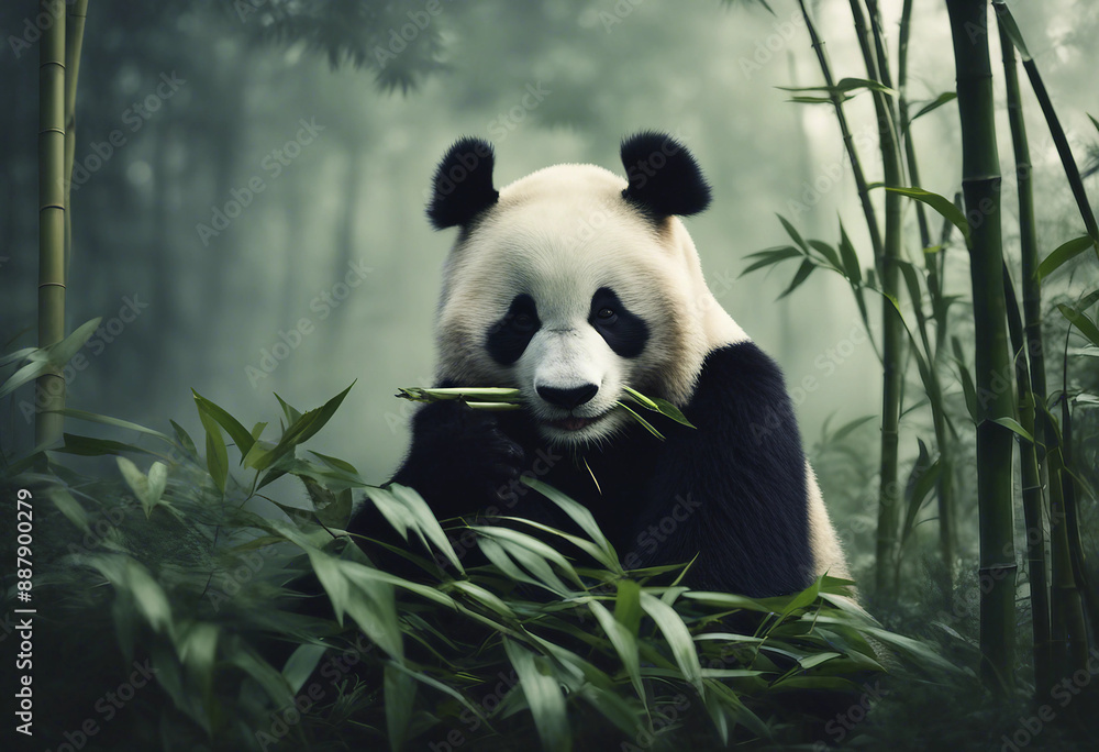 Fototapeta premium A panda eating bamboo in a lush forest, foggy morning 