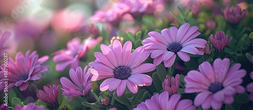 A blooming bush of Purple Osteospermum flowers a type of African Daisy from the Asteraceae family with ample copy space image