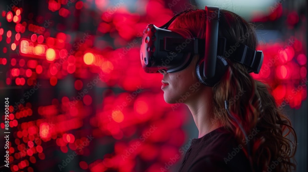 A woman wears a VR headset and participates in a training simulation. A woman wears a VR headset and participates in a training simulation.