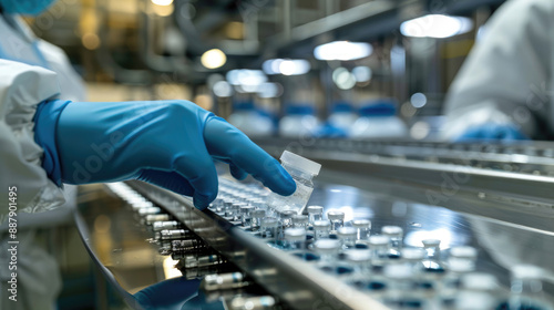 Pharmaceutical Production. Scientist Checking Vials on Conveyor Belt