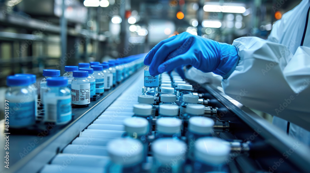Pharmaceutical Production. Scientist Checking Vials on Conveyor Belt Pharmaceutical Production. Scientist Checking Vials on Conveyor Belt