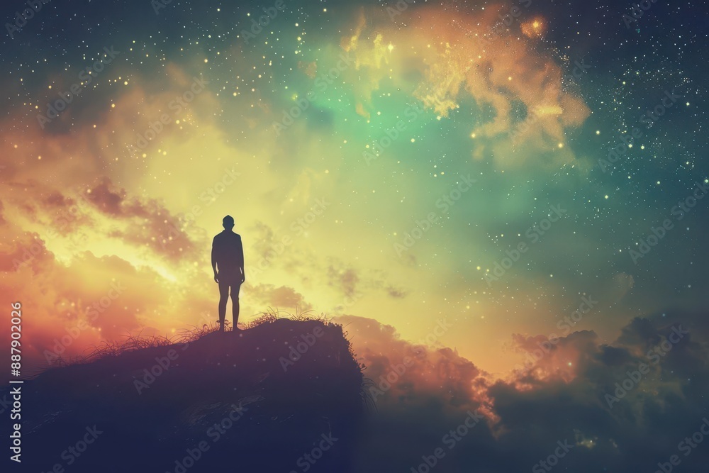 Fototapeta premium silhouette of solitary figure gazing at surreal luminous sky spiritual contemplative mood dreamlike landscape