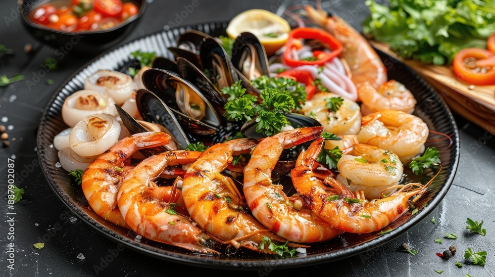 plate with shrimp, mussels and squid. Selective focus. plate with shrimp, mussels and squid. Selective focus.
