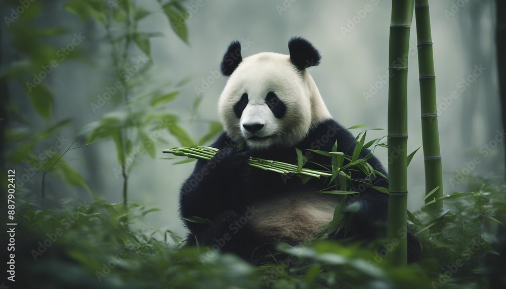 Obraz premium A panda eating bamboo in a lush forest, foggy morning