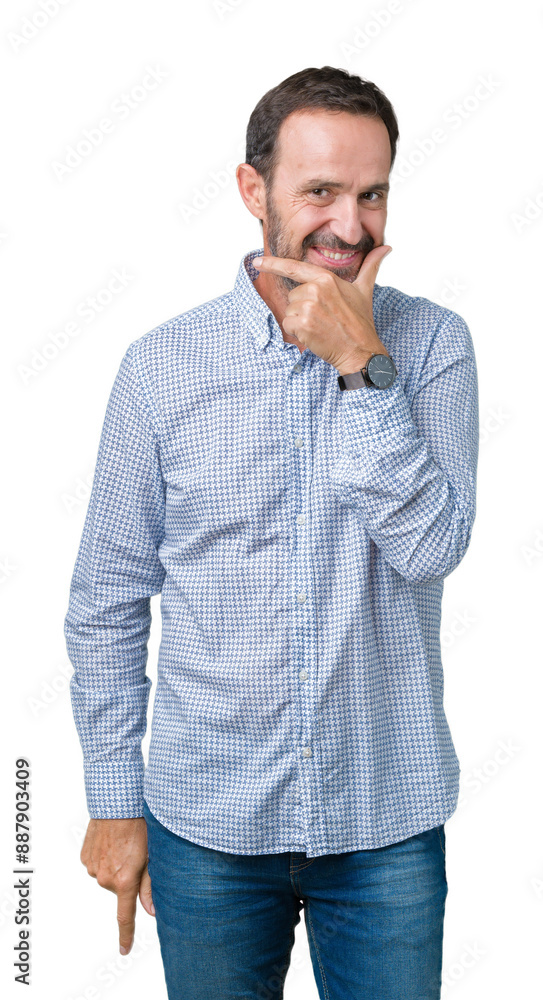 Handsome middle age elegant senior man over isolated background looking confident at the camera with smile with crossed arms and hand raised on chin. Thinking positive. Handsome middle age elegant senior man over isolated background looking confident at the camera with smile with crossed arms and hand raised on chin. Thinking positive.