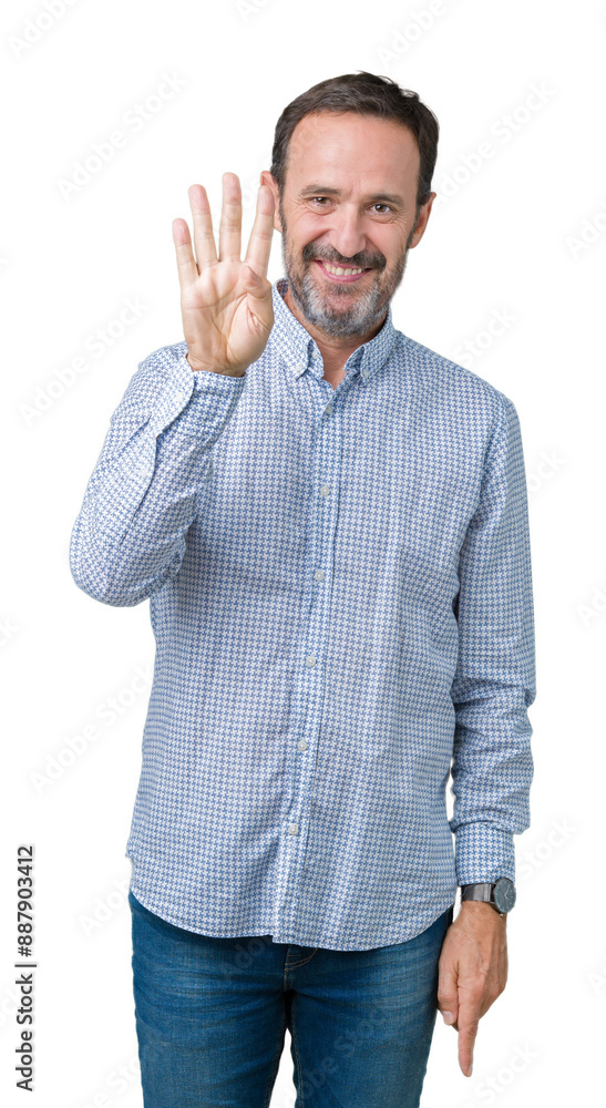 Handsome middle age elegant senior man over isolated background showing and pointing up with fingers number four while smiling confident and happy. Handsome middle age elegant senior man over isolated background showing and pointing up with fingers number four while smiling confident and happy.