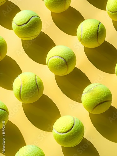 Multiple tennis balls arranged on a yellow backgroundcreating a visually appealing pattern and sports theme. photo