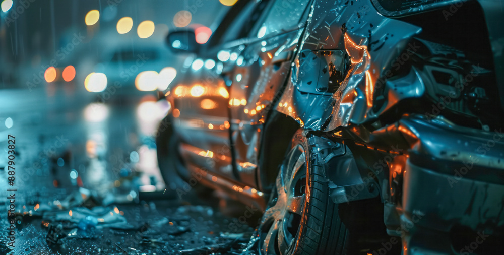 Fototapeta premium A close-up of a car accident at night in bad weather captures the scene with dramatic intensity, emphasizing the challenging conditions and potential dangers on the road.