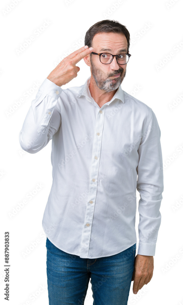 Fototapeta premium Handsome middle age elegant senior business man wearing glasses over isolated background Shooting and killing oneself pointing hand and fingers to head, suicide gesture.