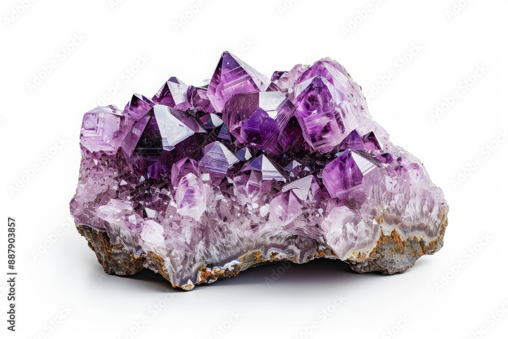A beautiful amethyst cluster with deep purple crystals against a white background A beautiful amethyst cluster with deep purple crystals against a white background