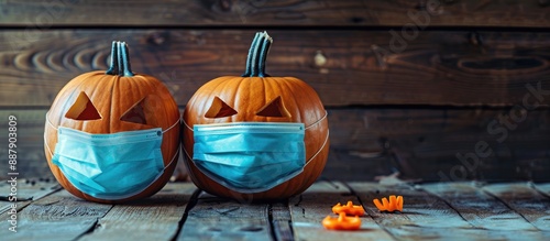 Two pumpkins wearing masks ...
