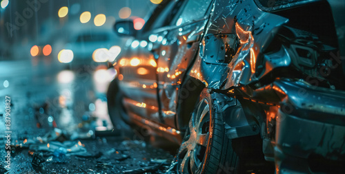 A close-up of a car accident at night in bad weather captures the scene with dramatic intensity, emphasizing the challenging conditions and potential dangers on the road.