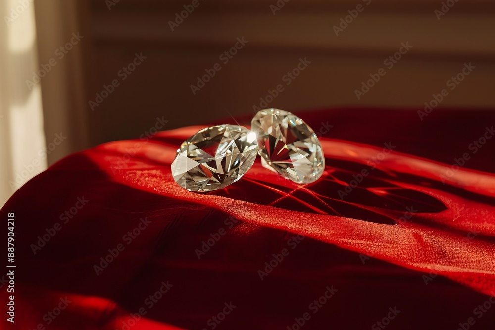 A detailed image of diamonds on a flat dark red velvet table, A detailed image of diamonds on a flat dark red velvet table,