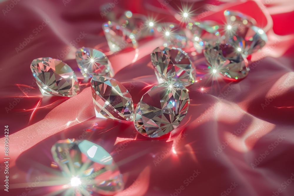 A detailed image of diamonds on a flat dark red velvet table, 