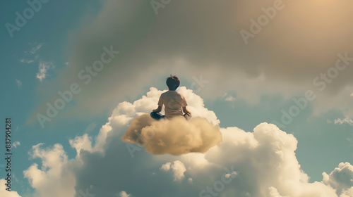 A man sitting on a cloud in the sky, looking upwards.