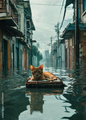 cat on a boat a city water flow 