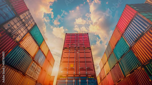 A large stack of containers are piled up in a warehouse.