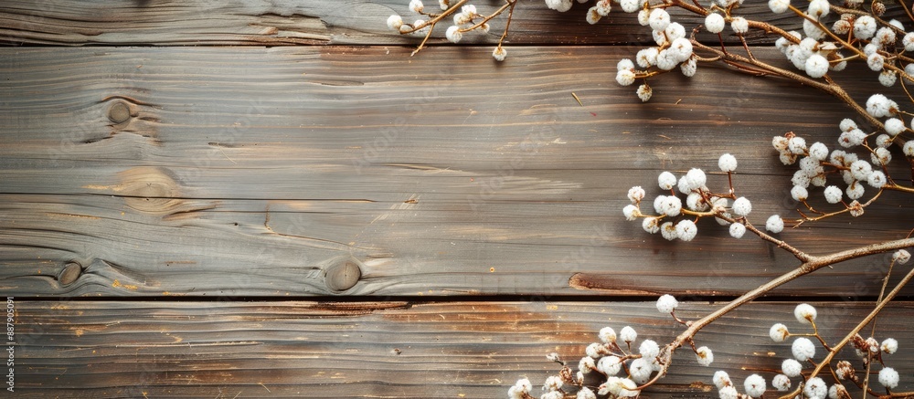 Wooden background with a branch adorned with white berries for your design perfect copy space image Wooden background with a branch adorned with white berries for your design perfect copy space image