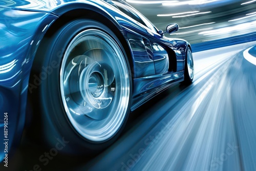 sleek sports car cornering at high speed motion blur dramatic low angle reflective blue paint catching light