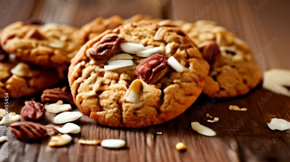 Deliciously indulgent cookie with nuts and coconut flakes Deliciously indulgent cookie with nuts and coconut flakes
