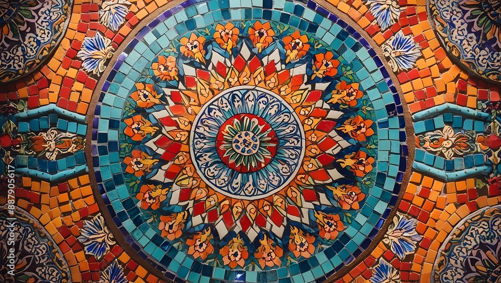 Obraz premium Vibrant Traditional Ceramic Tile Mosaic with Floral Patterns Abstract Background