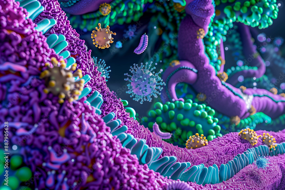 Obraz premium Human digestive system, with food traveling through the esophagus, stomach, and intestines, undergoing digestion and absorption of nutrients along the way, highlighting the intricate processes