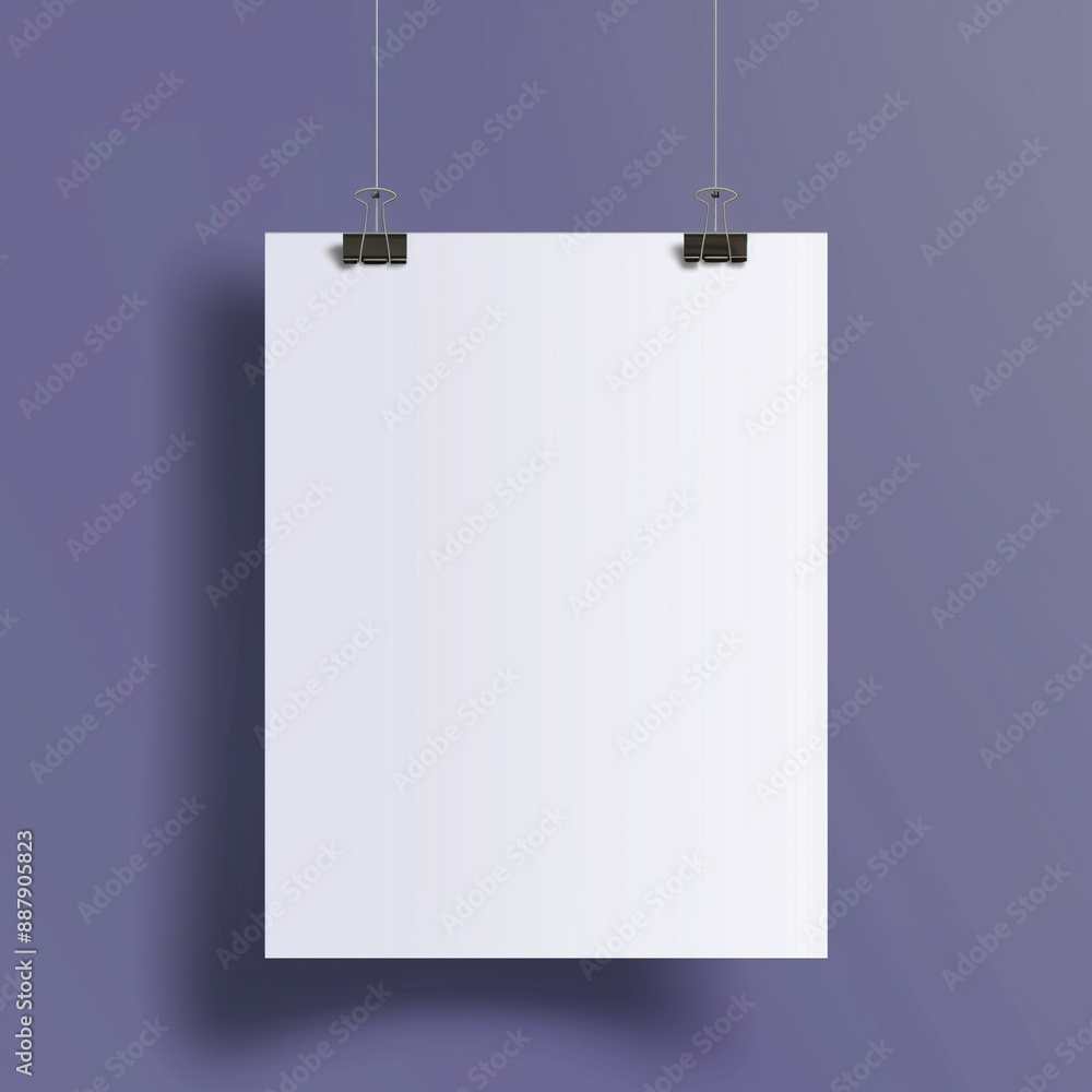 Mock up White poster hanging on a small clip, clean purple wall background, Ai generated Images Mock up White poster hanging on a small clip, clean purple wall background, Ai generated Images