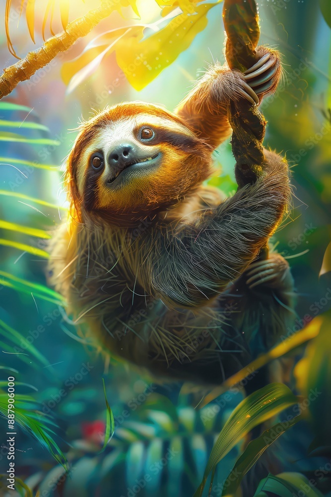 Naklejka premium A sloth sits on a tree. Selective focus.